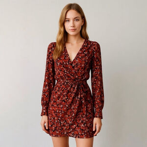 The Kooples Red Floral Long Sheer Sleeve Mini Wrap Dress Womens Size 0 Paris